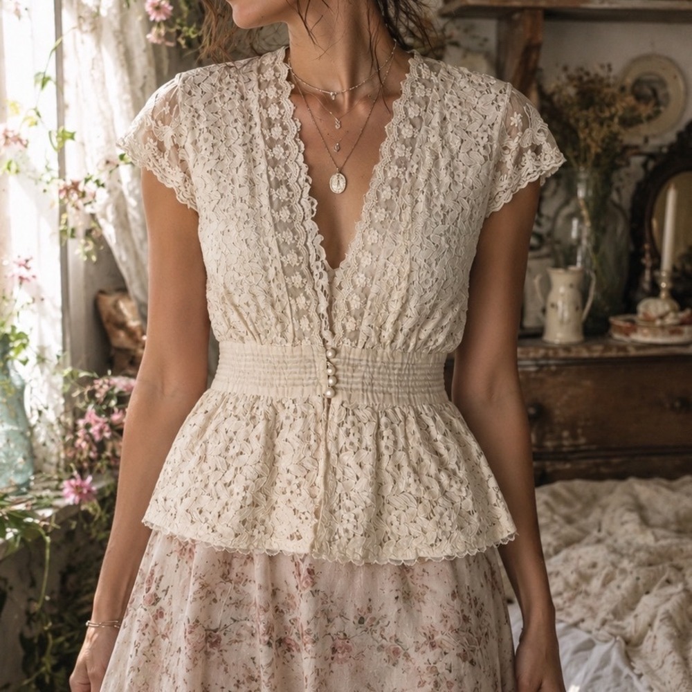 Cato Floral Lace Peplum Top Cream V-Neck Pearl Button Cottagecore Vintage XL pp